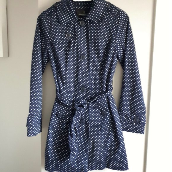 London Fog Trench Coat Navy Blue Polka Dot - Picture 4 of 11